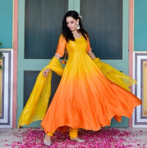 Multi New Silk With Gota Work Anarkali Gown With Dupatta